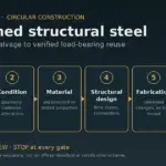 Six acceptance gates for reclaimed structural steel: provenance, condition, material, structural design, fabrication, carbon claim